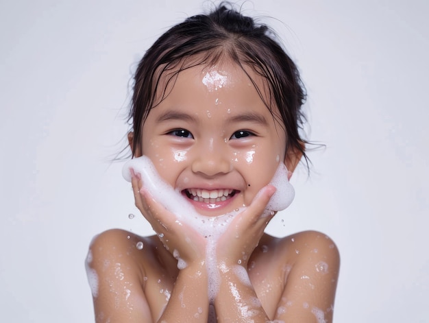 Clinica di bellezza per la cura della pelle. Piccola ragazza asiatica carina che posa per il lavaggio del viso.