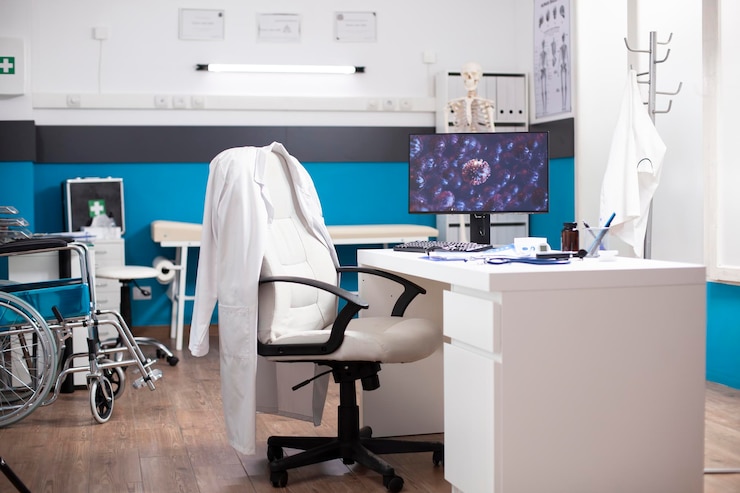 Foto clinica moderna con monitor di visualizzazione dei germi