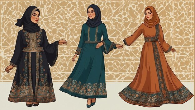 Clip art di progettazione con illustrazioni in stile vintage di abbigliamento tradizionale dell'Eid come le jubbas