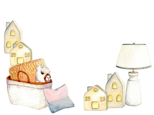 Clip art frame Acquerello illustrazione interno del soggiorno con case in ceramica lanterne cesto di vimini giocattolo lama lampada elettrica e cuscini Elementi di arredamento per la casa su sfondo bianco