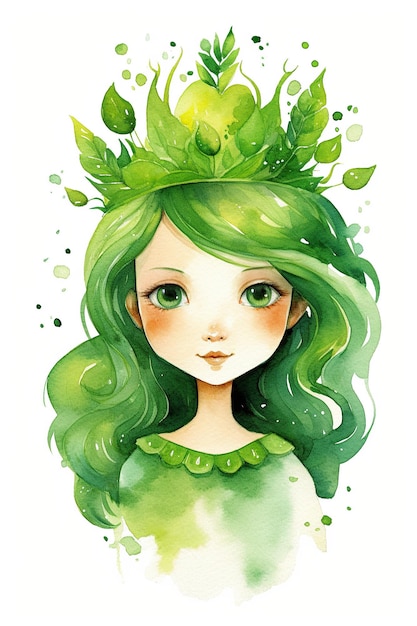 Clipart acquerello regina verde carino isolato su sfondo bianco con intelligenza artificiale generativa
