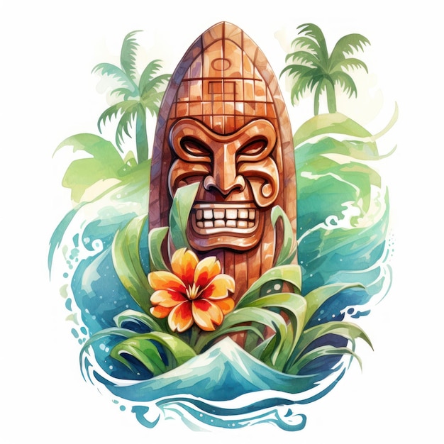 Clipart ad acquerello Hawaii Tiki con tavola da surf e onde ispirate