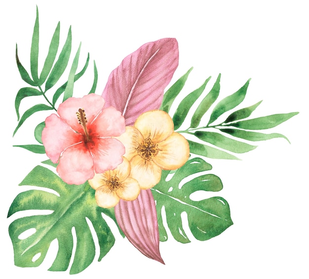 Clipart del bouquet di fiori tropicali disegnati a mano ad acquerello Illustrazione di fiori esotici rosa e gialli Disposizione di foglie di palma e monstera Biglietto d'invito per matrimoni che fa il logo