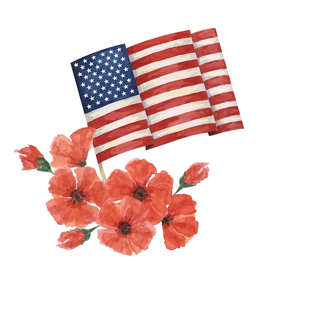 Clipart del Memorial Day bandiera degli Stati Uniti fiore di papavero rosso forgetmenots acquerello patriottico disegnato a mano per banner di carte eventi commemorativi vendita di volantini