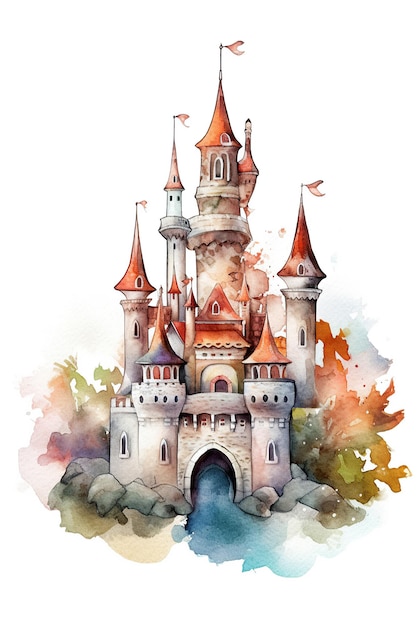 Clipart dell'acquerello del regno del castello carino isolato su sfondo bianco con intelligenza artificiale generativa