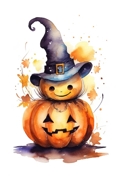 Clipart dell'acquerello della zucca di Halloween carino isolato su priorità bassa bianca con intelligenza artificiale generativa