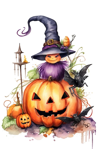 Clipart dell'acquerello della zucca di Halloween carino isolato su priorità bassa bianca con intelligenza artificiale generativa