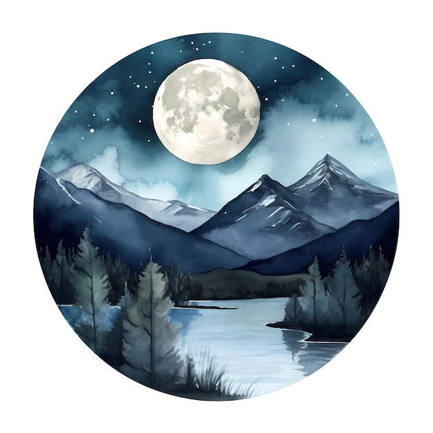 Clipart dell'acquerello di un paesaggio fantastico di una montagna e di un fiume di luna piena