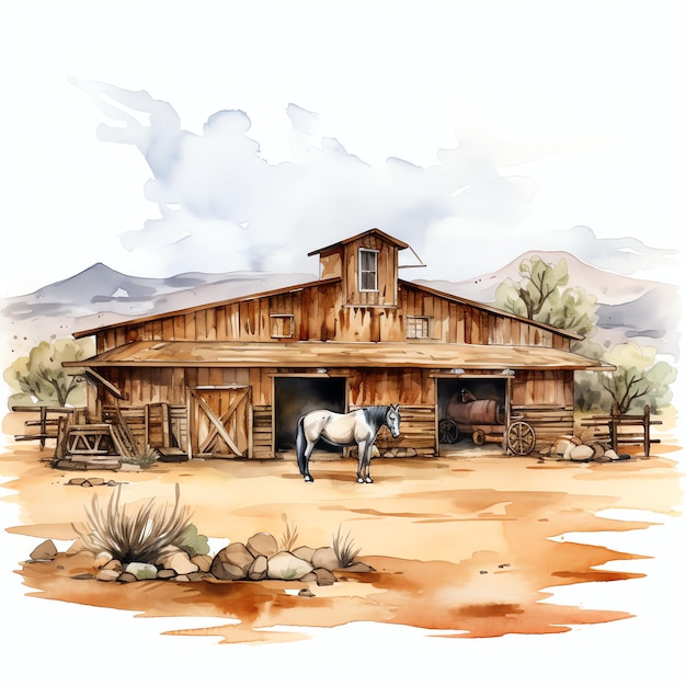 clipart dell'illustrazione del deserto del cowboy del selvaggio west occidentale stabile della livrea dell'acquerello