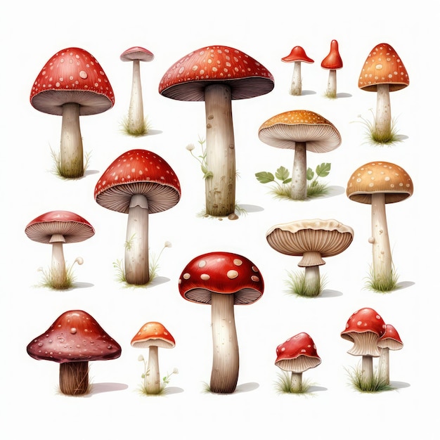 Clipart di funghi pulsante acquerello colorato su sfondo bianco AI generato