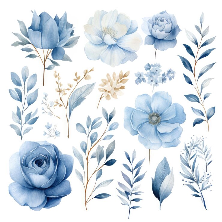 Clipart floreale blu polveroso Eleganti fioriture ad acquerello