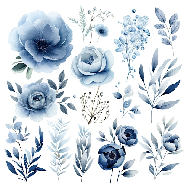 Clipart floreale blu polveroso Eleganti fioriture ad acquerello