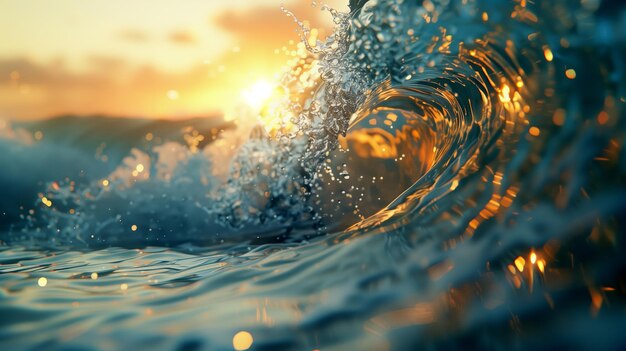 Close up all'interno di un'onda oceanica astratta che si rompe sullo sfondo di una giornata d'estate soleggiata