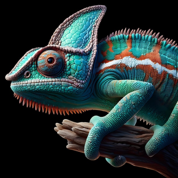 Close-up bellissima lucertola animale colorato camaleonte sull'immagine del ramo su sfondo nero