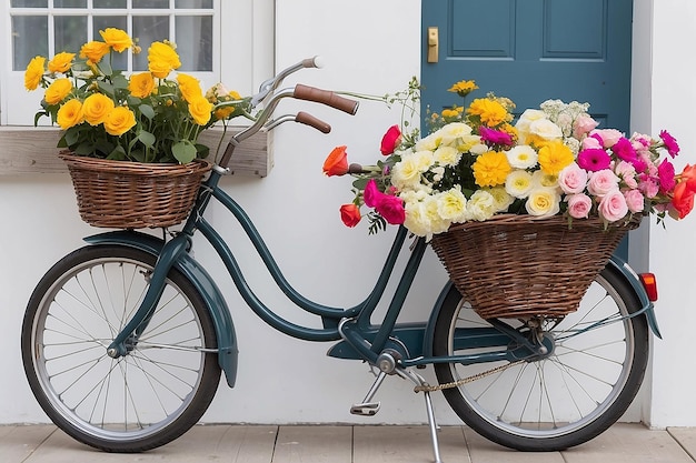 Close up bicicletta con fiori nel cesto