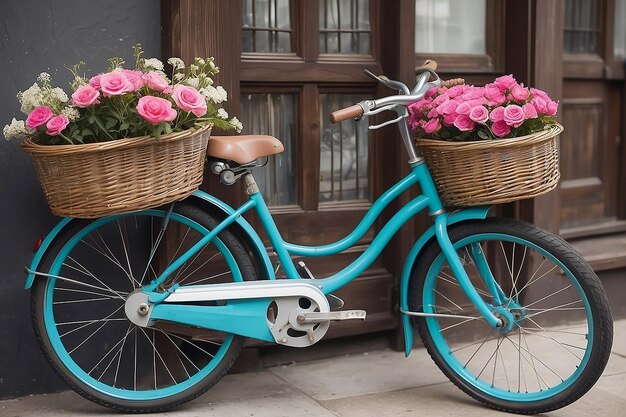 Close up bicicletta con fiori nel cesto