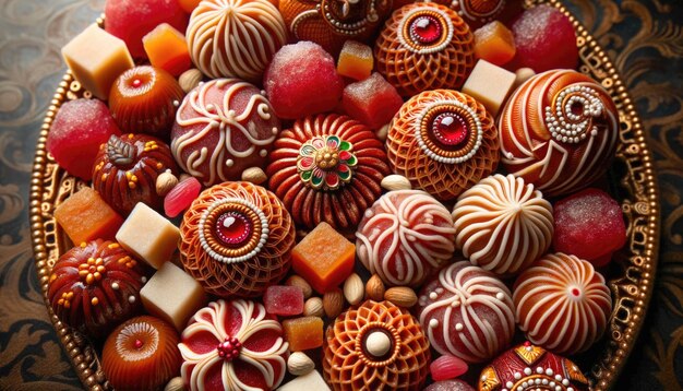 Close-up che mostra le texture dettagliate dei dolci tradizionali di Diwali