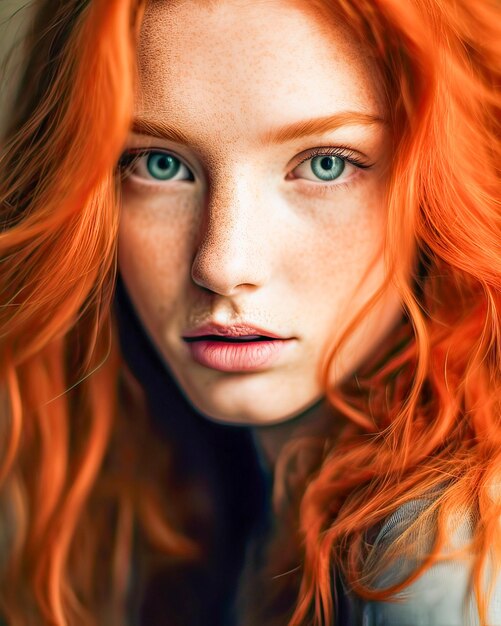 Close-up cinematografico donna dai capelli rossi e verdi sguardo intenso bellezza naturale espressione seria