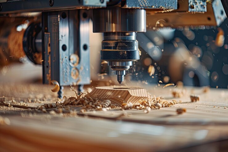 Photo close up cnc machine cuts wood