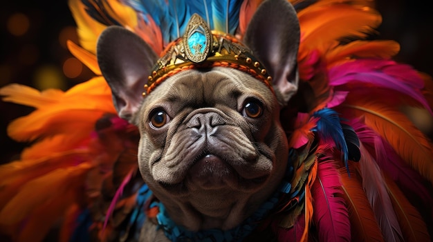 Close up comico Bulldog francese un costume vibrante il poster del carnevale brasiliano