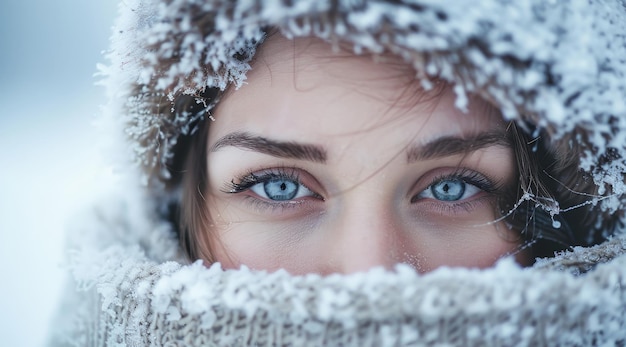 Close-up degli occhi di una donna che guarda fuori da un cappuccio coperto di neve