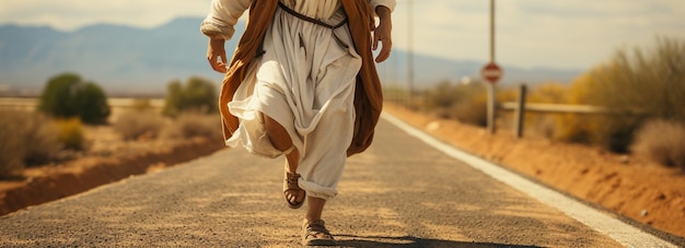 Close up dei piedi di Gesù che camminano su una strada Generativo Ai