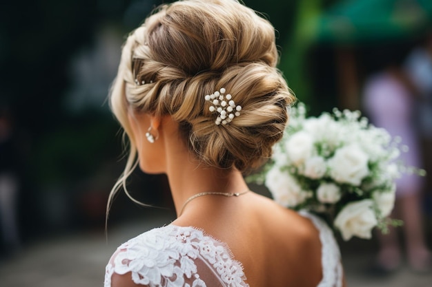 Close-up del bouquet con l'anello di fidanzamento della sposa a fuoco