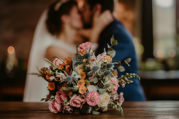 Close-up del bouquet su un tavolo e una coppia sfocata