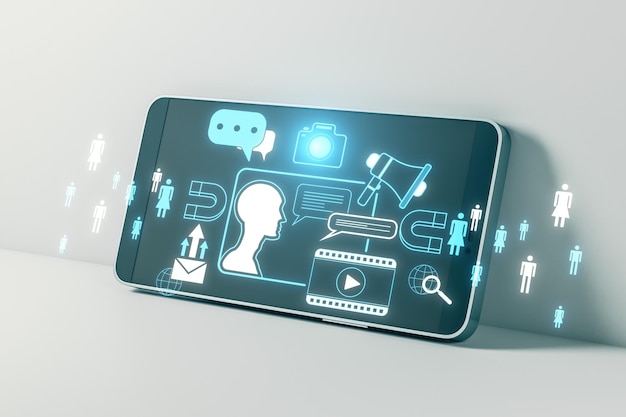Close up del cellulare con ologramma di marketing digitale creativo su sfondo blu Chat promozionale gpt e concetto di avviso Rendering 3D