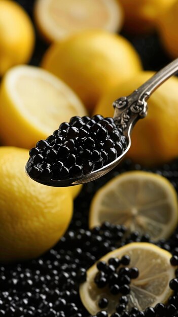 Close-up del cucchiaio con mirtilli e limoni