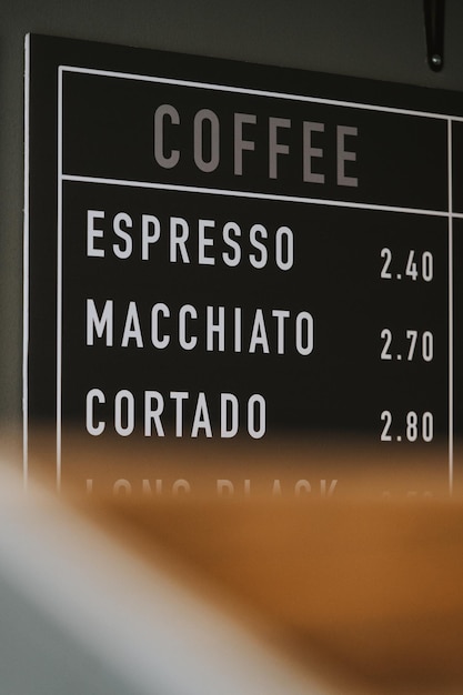 Close-up del menu del caffè