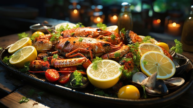 Close-up del piatto con un delizioso piatto di frutti di mare su uno sfondo scuro