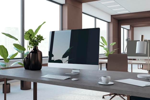 Close-up del posto di lavoro con monitor di computer e riflessi in moderno interno di ufficio coworking marrone con finestre panoramiche e vista sulla città Rendering 3D
