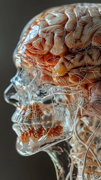 Close-up del tendine del cervello traslucido e dello stomaco iperrealistico super dettagliato pulito acuto