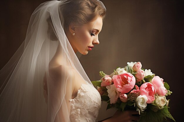 Close-up del velo della sposa con il suo bouquet in cascata verso il basso