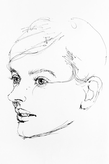 Close-up del viso di una donna Disegno a mano con inchiostro nero su carta Opera d'arte in bianco e nero