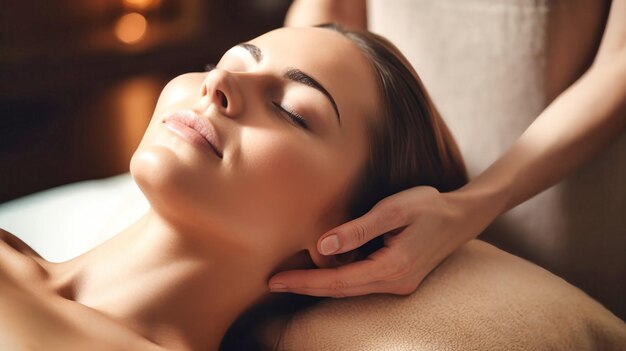 Close-up del viso di una giovane donna rilassata con gli occhi chiusi che riceve un massaggio professionale in una spa Un bellissimo cliente con la pelle perfetta sta facendo un massaggio Concept di stile di vita sano