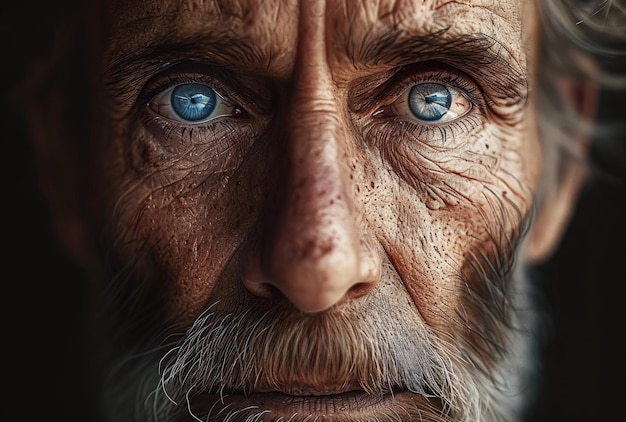Close up del volto di un uomo con gli occhi blu
