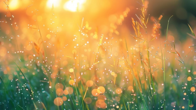 Close-up dell'erba bagnata dalla rugiada sotto il leggero bagliore dell'alba che cattura la bellezza della tranquillità mattutina