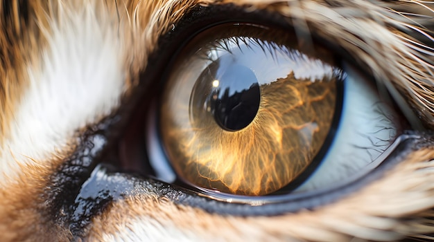 Close-up dell'occhio di un gatto che cattura il riflesso di un oggetto vicino