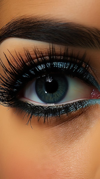 Close-up dell'occhio di una donna con ciglia drammatiche linea oculare nera e trucco professionale AI generativa