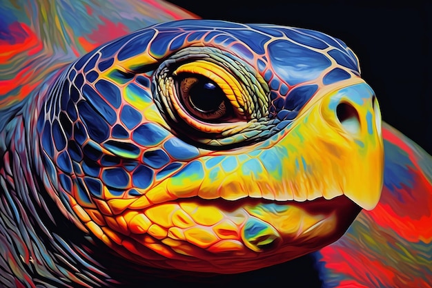 Close up dell'occhio di una tartaruga colorata su uno sfondo nero