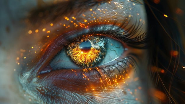 Close-up dell'occhio umano grafica dell'interfaccia digitale luminosa Luci e modelli luminosi indicano progressi nella biotecnologia intelligenza artificiale o realtà virtuale