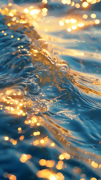 Close up dell'onda azzurra nell'oceano al tramonto baciata dalla luce dorata del sole