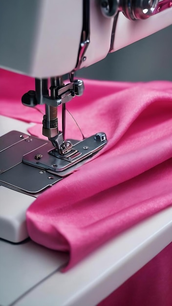 Close up della macchina da cucire che lavora con tessuto rosa per cucire nuovi vestiti