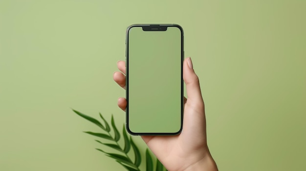 Close-up della mano che tiene uno smartphone schermo oliva è vuoto lo sfondo è oliva sfocato Mockup