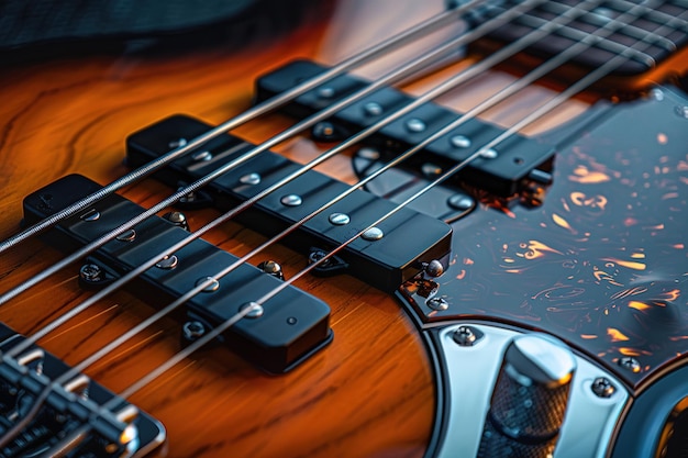 Close-up della nuova Sunburst astratta chitarra basso a cinque corde tre pickup a bobina singola