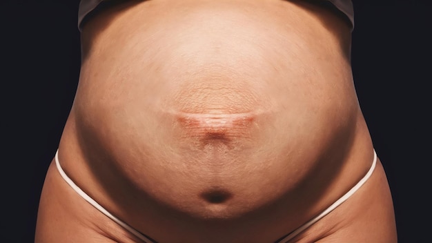 Close-up della pancia di una donna con una cicatrice di taglio cesareo isolata