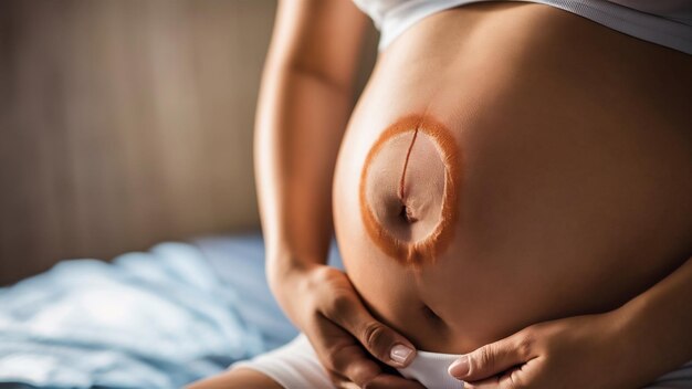 Close-up della pancia di una donna con una cicatrice di taglio cesareo isolata