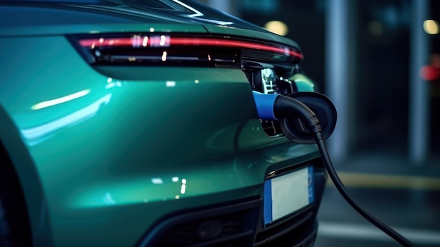 Close-up della ricarica delle auto elettriche nel concetto di energia verde con Ai Generated